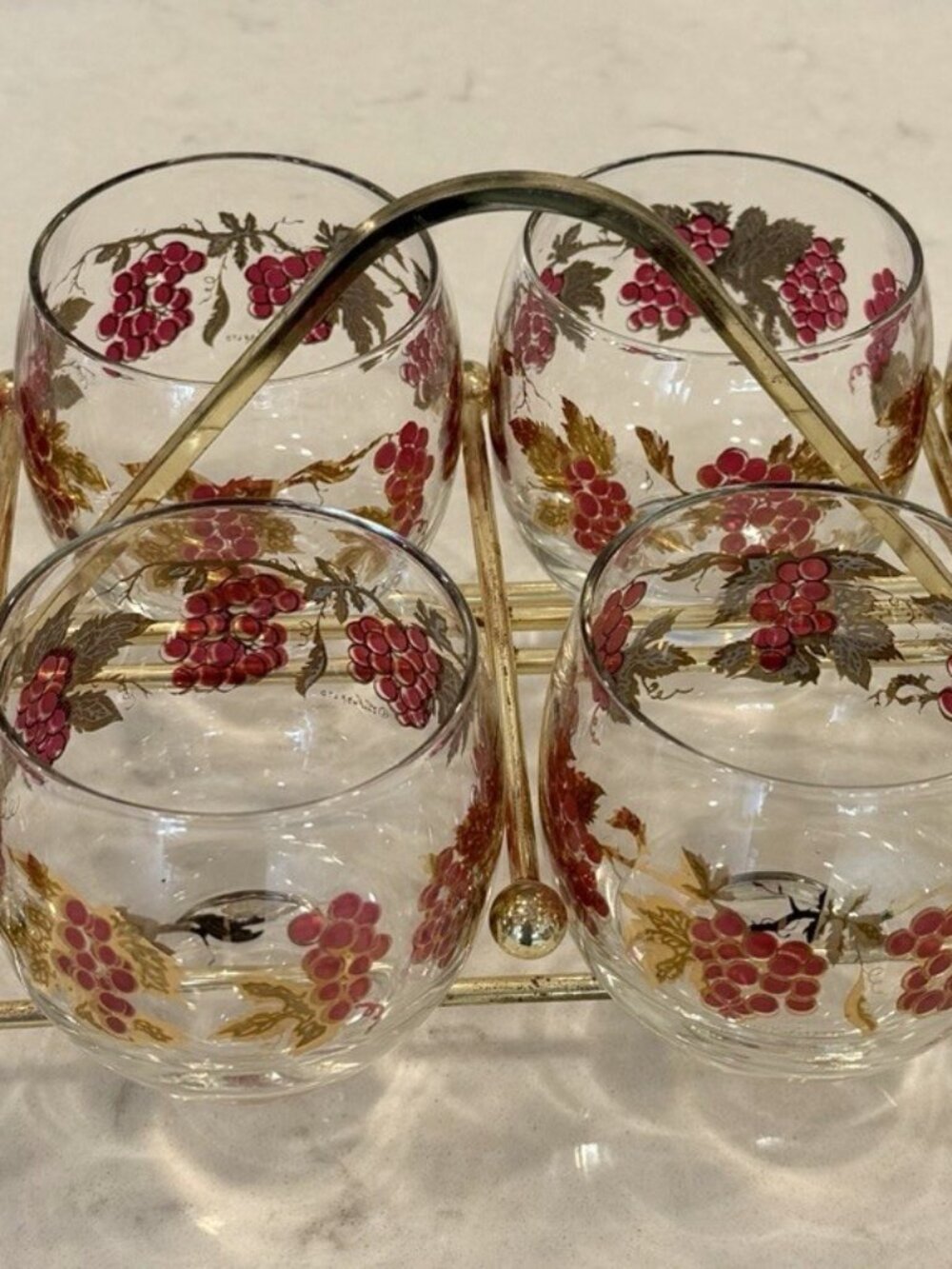 Set of 8 Culver Roly Ploy Cocktail Glasses with Caddy Grapes Gold Leaves
